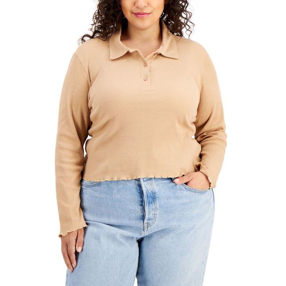 Full Circle Trends Womens Trendy Plus Size Ribbed Raw-Hem Cropped Polo Shirt,2X - Picture 2 of 4